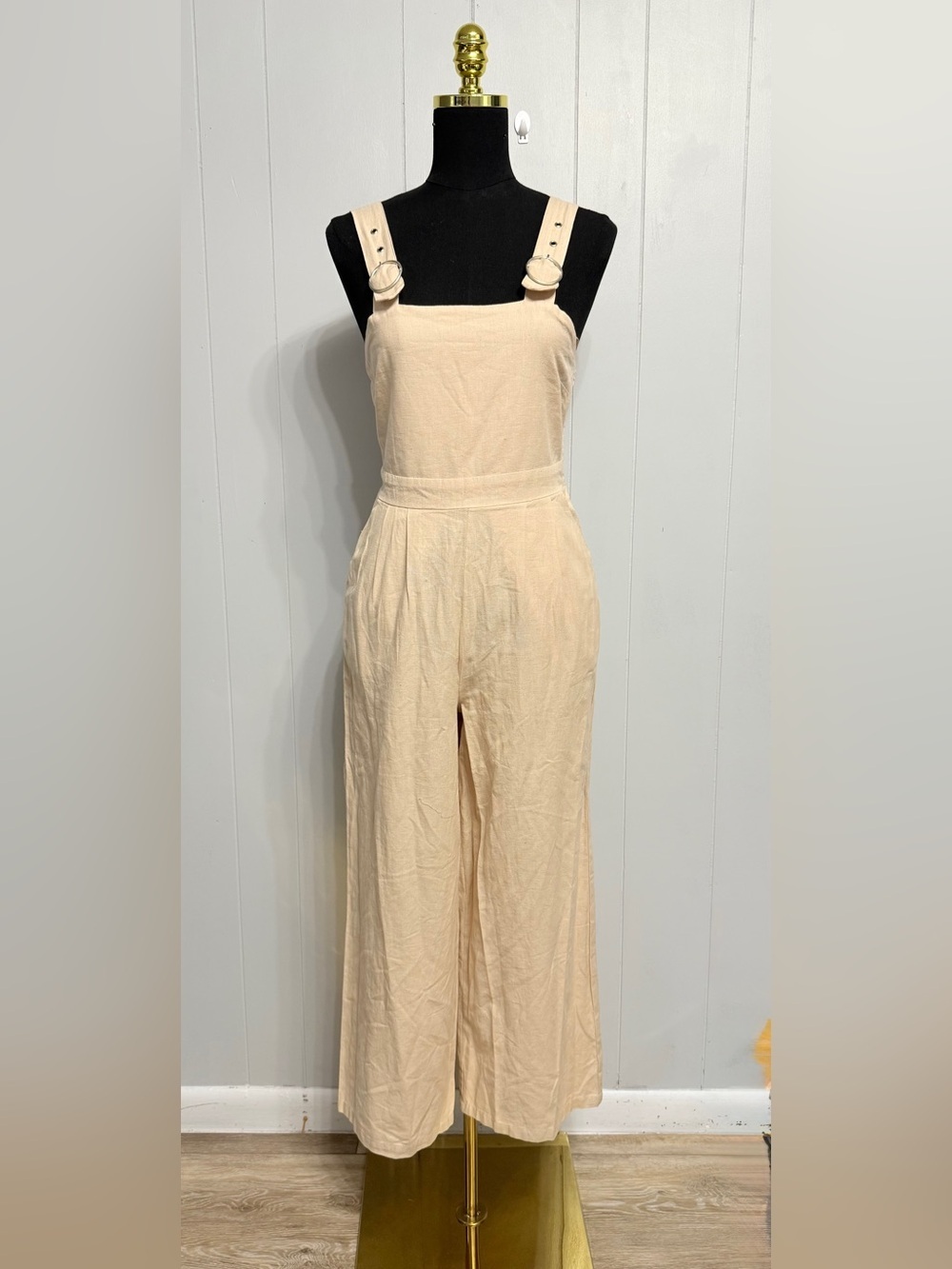 #13)  Japna Cream Wide-Leg Cotton/Linen-Blend Jumpsuit with Buckle Straps